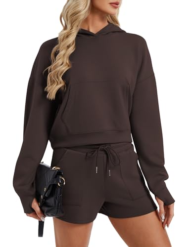 SPECIALMAGIC Womens 2 Piece Scuba Hoodie and Shorts Set Cozy Stretchy Sweatsuit Set Athleisure Outfit Lounge Street Chocolate Brown XX-Large
