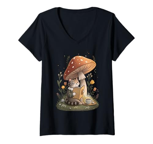 Mujer Libro de lectura de gato acogedor hongo lindo estético Cottagecore Camiseta Cuello V