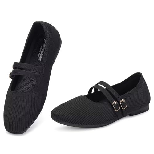 Image of Frank Mully Women's Flats Square Toe Mary Jane Shoes Ballet Flats with Strap Comfortable Slip On Knit Shoes Dressy Casual