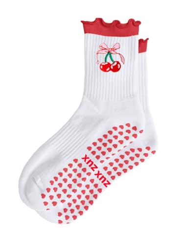 Women Cute Pilates Socks Grip Crew Yoga Socks Ruffle Cuff Embroidery Pattern Workout Ballet Socks