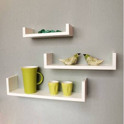 Image of DECORVISTA Wooden Handcrafted Wall Shelf Beautiful Floating Wall Racks Shelves Living & Bed Room Decor U Shaped Set of 3 (Multi) (White)