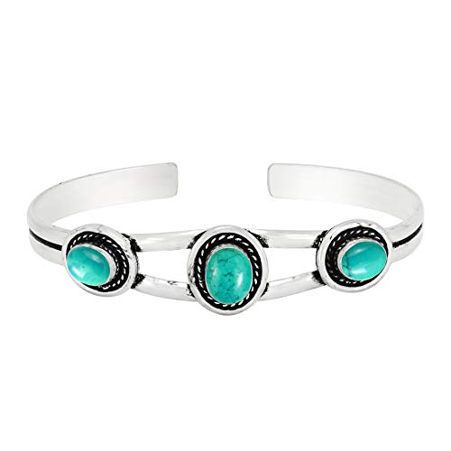 Natural Three Gemstones 925 Silver Overlay Open Bangle for Women - Oval Stone Vintage Style Handmade Adjustable Cuff Bracelet Jewelry - Perfect for Wedding & Special Occasions2