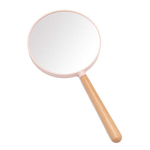 YEAKE Makeup Hand Mirror with Handle, 1X 3X Magnifying Double-Side Hand Held Mirrors,Detachable Wood Small Mirror with Round for Travel(Pink)