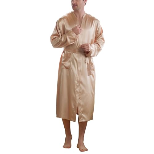 Men Satin Bath Robe Calf Length Bathrobes Chic Fall Baggy Comfy Pocket Long Sleeve Nightwear