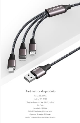 Cabo 3 em 1 Turbo 3.1A Reforçado para Recarga e Sincronização APPLE LIGHTNING + USB TIPO-C + MICRO U