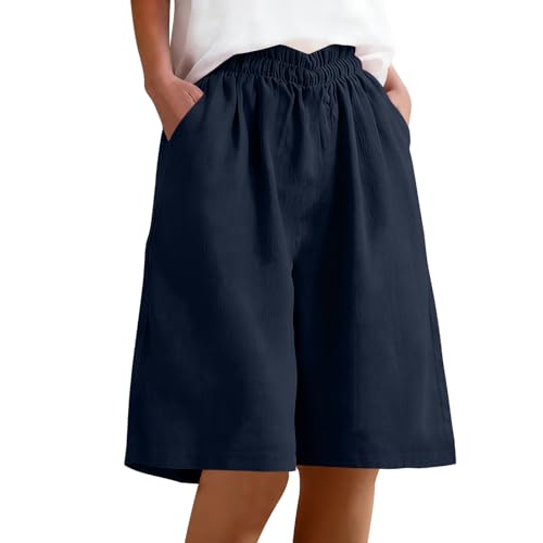 Image of Womens Shorts Cotton Linen Shorts Summer Casual Capri Pants Elastic Waist Cropped Trousers Knee Length Bermuda Pocket Wide Leg Cargo Ladies Culottes Solid Loose Work Travel Golf Gym Beach UK Navy XL