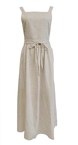 losofar Pleated Cotton Long Apron X Back Kitchen Garden Florist Work Clothes Bib Dress (Linen beige, 38.5x34.6in)