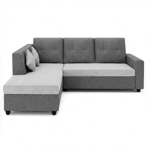 Image of FURNY Nathan 4 Seater L Shape Sofa Set LHS (Light Grey-Dark Grey) | Suede Velvet Finish | Durable Comfort Sofa for Modern Living Room & Office Spaces