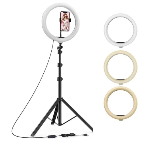 Ring Flash Light, 10 Inch, with 7 Feet Tripod Stand, Black, for Photography and Streaming