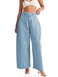 PLNOTME Womens Baggy High Waisted Jeans Loose Boyfriend Wide Leg Side Pleated Denim Pants Blue