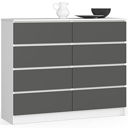 AKORD Grande Cómoda | Armario de comoda | Ahorro de espacio | Práctico | Resistente | Guía con ruedas | Canción ABS | Cómoda de almacenamiento | Muebles de salón | Blanco/Gris Grafito