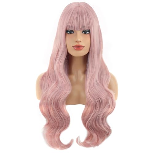 BERON Pink Wig Long Wavy Wig with Bangs Synthetic Wigs Long Pink Wigs for Daily Party with Hairnet
