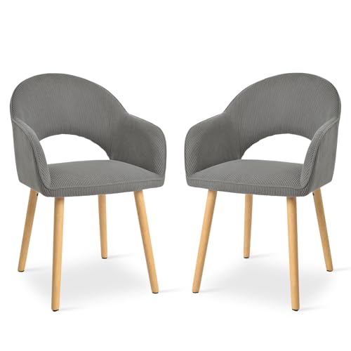Goeurvant Dining Chairs Set of 2, Upholstered Chairs with Armrests& Wooden Legs, Corduroy Dining Armchairs, Ergonomic Kitchen Chair, Living Room Chair for Dining Room and Kitchen, Cord-Grey