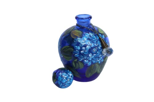 Exquisite Hand-Painted Cobalt Blue Glass Perfume Bottle with Floral Hydrangea Design – Limited Edition Decorative Art Piece - Image 4