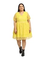 Flambeur Half Sleeve V Neck Regular Fit Yellow Color Net Fabric Solid Print Knee Length Dress for Women