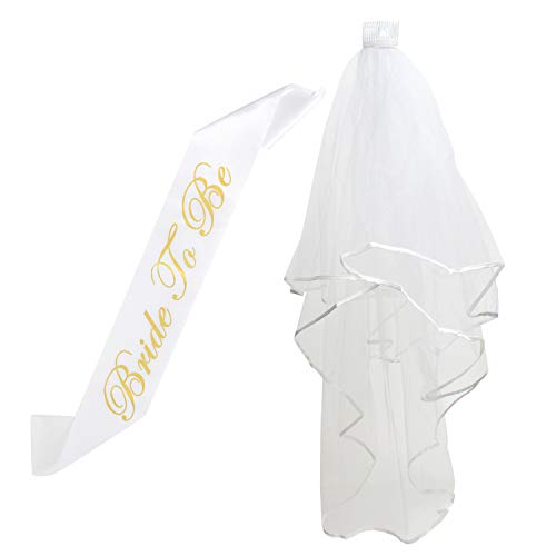 Houseables Future Mrs. Kit, Party Veil, Bridal Shower Decorations, White, 28 Inch, Tulle, Bride To Be Satin Sash, Wedding Supplies, Bachelorette, Hen Decorations, Shower Gifts