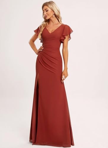 Image of Womens Elegant Bridesmaid Dresses Long with Ruffles Empire Waist Pleated V Neck Dusty Sage Formal Dress for Wedding with Slit US Size 8