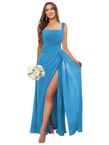 Image of HANVAIOS Square Neck Bridesmaid Dresses Long Chiffon Formal Maxi Dress with Slit