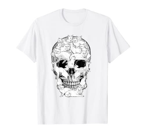 Idea regalo divertente per Halloween con scheletro di gatto, teschio e gattino Maglietta