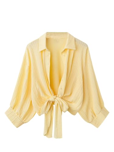 Verdusa Women's Plus Size Textured Bow Tie Dressy Blouses Vacation Button Down Collared Shirts