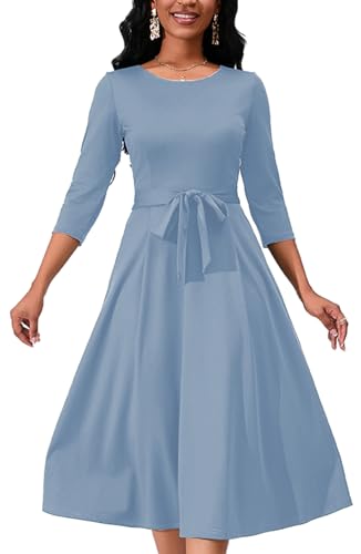 Image of Women's Caual Midi Dress 3 /4 Sleeve Crewneck A-line Swing Dress for Women with Belt for Wedding Guest & Cocktail Party Sky Blue Small