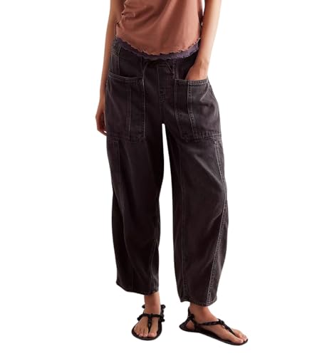 chouyatou Women's Y2k Baggy Barrel Jeans Drawstring Waist Boyfriend Wide Leg Loose Capri Denim Pants with Pockets