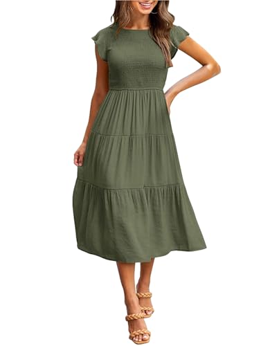Women's Summer Casual Midi Dress Dressy Smocked Elastic Waist Tiered A-Line Dress Round Neck Short Sleeve Midi Dress