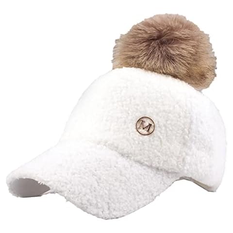 AmerStar Womens Winter Baseball Cap Adjustable Suede Baseball Cap Hip-Hop Hat Faux Fur Pom Pom Hip-Hop Hats White, 7 1/8-7 1/4 Cover