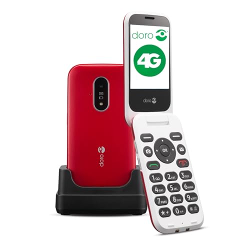 Doro 6820 4G Teléfono Móvil de Tapa para Mayores con Teclas Numéricas Parlantes, Cámara, Botón SOS y Base de Carga [Versión Española] (Rojo)
