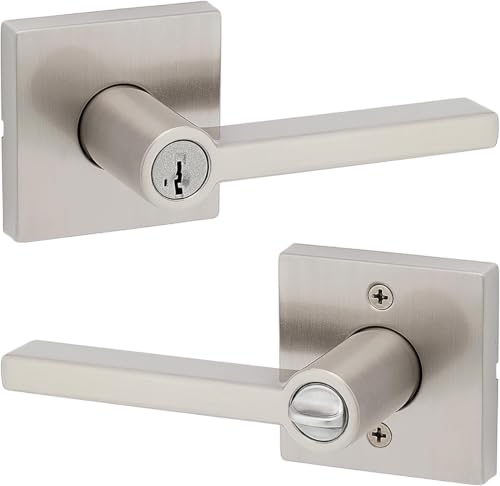 Image of Kwikset Halifax Entry Door Handle with Lock and Key,Secure Keyed Reversible Lever Exterior,for Front Entrance and Bedrooms,Satin Nickel,Pick Resistant Smartkey Rekey Security & Microban (Pack of 12)