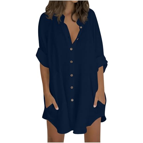 Camisetas de manga 3/4 para mujer, camisas de línea larga, casuales, sueltas, con botones, cuello de pie, camisa tipo túnica con bolsillo, blusa ligera de verano de algodón y lino, cubiertas de playa