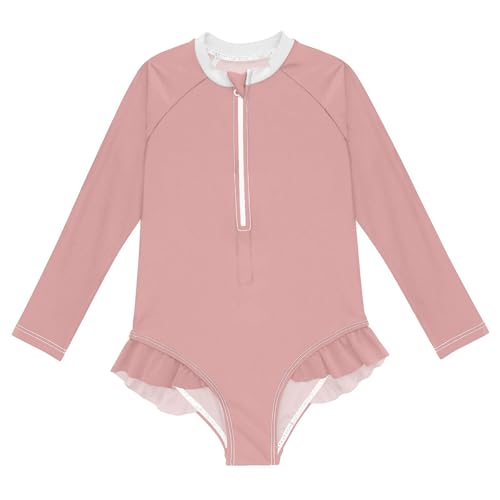 Plain Light Red Baby Girl Bathing Suit Long Sleeve UPF 50+ One Piece Toddler Swimsuit Size 3T