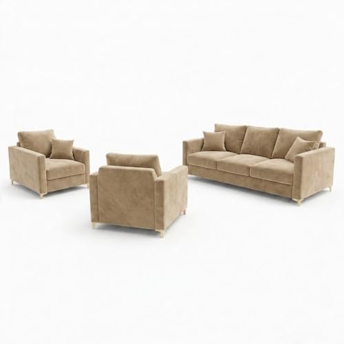 Image of Hayes Rich Velvet Suede 3+1+1 Seater Sofa Set | Golden Aesthetic Legs | Soft Touch Comfort | 5 Person Seating | Modern Living Room Set (Beige)