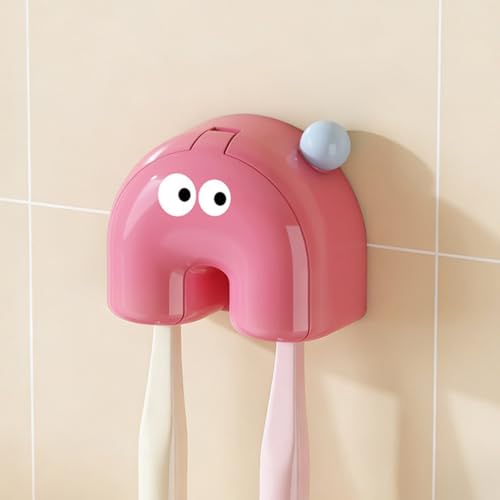 Image of HASTHIP Wall-Mounted Tooth Brush Holder Bathroom, with 2 Storage Slots, Cartoon Pink Wall Adhesive Toothbrush Storage Rack with Flip Up Lid, Bathroom Toothbrush Organizer for Kids, Adults