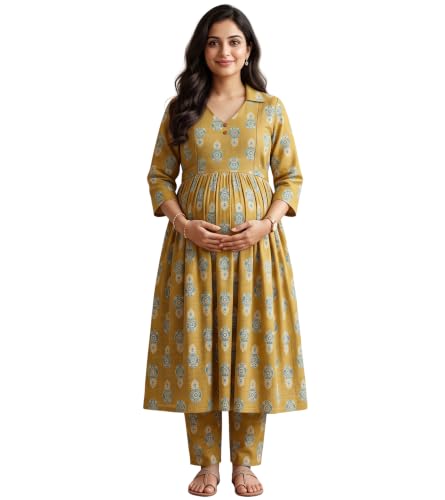 Image of DUMMY SHAPE Maternity Dresses for Women Cotton | Floral Kurta Pant Dupatta Set with Nursing Zippers, Side Pocket | Pre & Post Pregnancy | Feeding Kurti Suit | Baby Shower | Gifts for Pregnant Woman