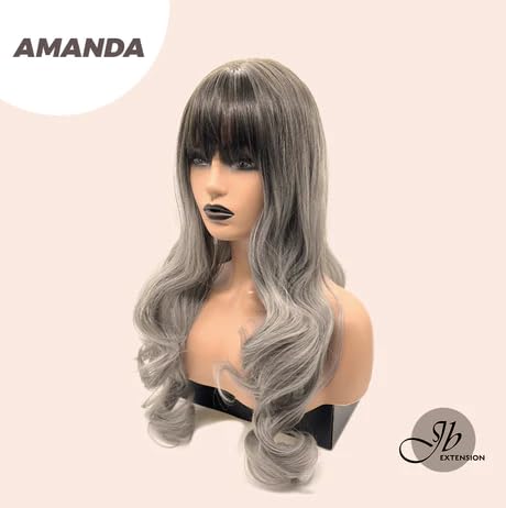 Miniatura 2 de AMANDA - Peluca balayage gris con flequillo completo, larga y rizada, sin pegamento, pelucas sintéticas naturales para uso diario (pelucas de