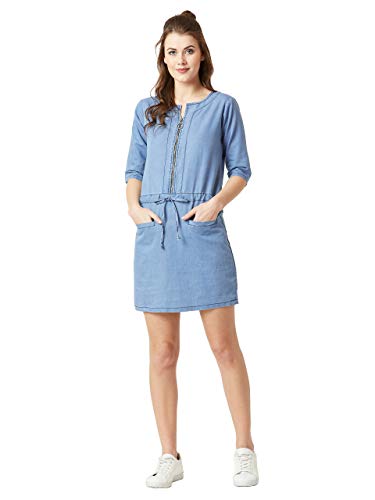 Image of Miss Chase Women's Polo Neck Rolled Up Full Sleeve Denim Solid Buttoned A-Line Mini Dress