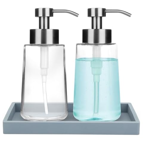 DOILIESE Soap Dispenser, Soap Dispenser Bathroom and Kitchen with Tray for Save Storage Space, Multi-Purpose Dispenser for Dish Soap, Hand Soap, Lotion, Soap Dispenser Set with Labels, Dark Grey Tray Cover