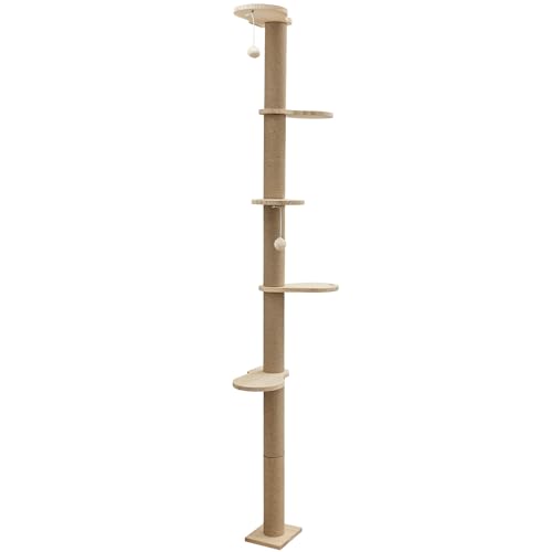 Kerbl Pet Kratzbaum Timber, Wandkratzbaum für Katzen, Kletterwand, Massivholz, Juteseil, Höhe 208 cm, 5 Plattformen