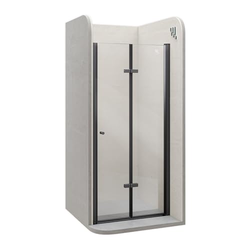 i-flair Mila Duschtür 76x195 cm – Nischentür aus Klarglas, Falttür mit schwarzen Aluminiumprofilen, 6 mm ESG Sicherheitsglas, Nano, Hebe-Senkmechanismus, Verstellbereich 76–79,5 cm, DK822