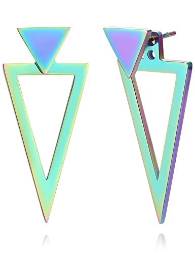 REELMAR Black Triangle Earrings for Women Geometric Ear Jacket Earrings Front and Back Triangle Stud Earrings Stainless Steel Gothic Punk Earrings Jewelry