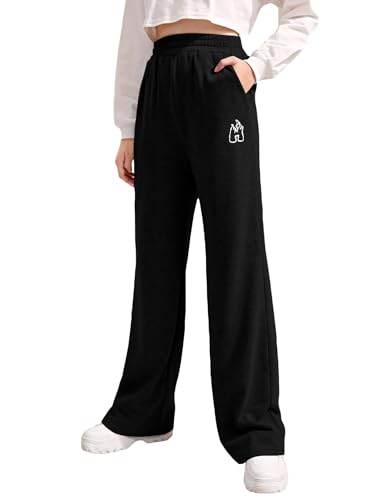 Verdusa Girl's Graphic Embroidery Straight Leg Sweatpants Elastic Waist Joggers with Pockets