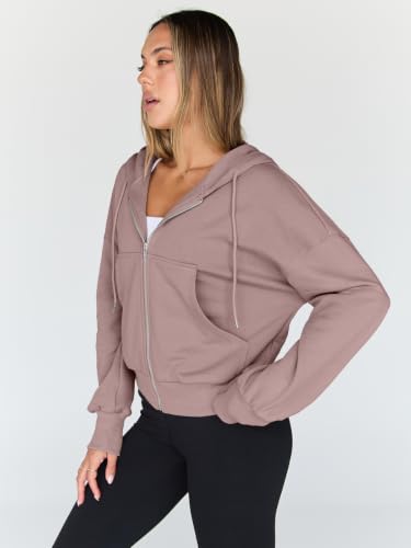 Image of Trendy Queen Womens Zip Up Hoodies Cropped Jackets Fall Outfits 2026 | lightweight comfort material, slouchy drop shoulder, casual travel winter clothes with pockets, airport workout athletic