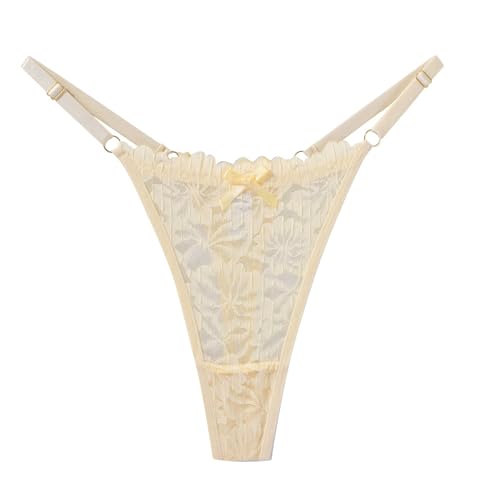 Womens Comfortable Lace Panties Women's Low Rise Thong with Bow Tie and Hollow Out Design for Comfort (Beige, L) All Day