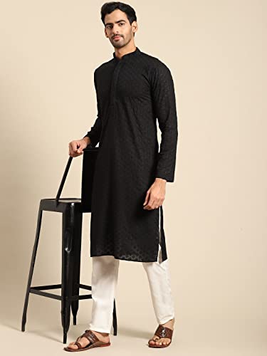 Image of Rajubhai Hargovindas Men Pure Cotton Chikankari Embroidered Straight Kurta