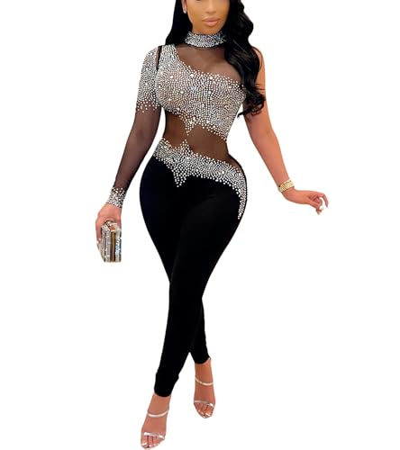Image of Jigfar Women Sexy Embellished Rhinestone Bodycon Jumpsuit Mesh See Through Patchwork Birthday Party Night Out Clubwear