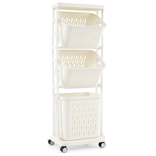 LIFEZEAL Cesto de la ropa con ruedas, cesto de la ropa sucia con 3 compartimentos, clasificador de ropa de plástico con estante, carro de almacenaje para baño, lavadero, cocina
