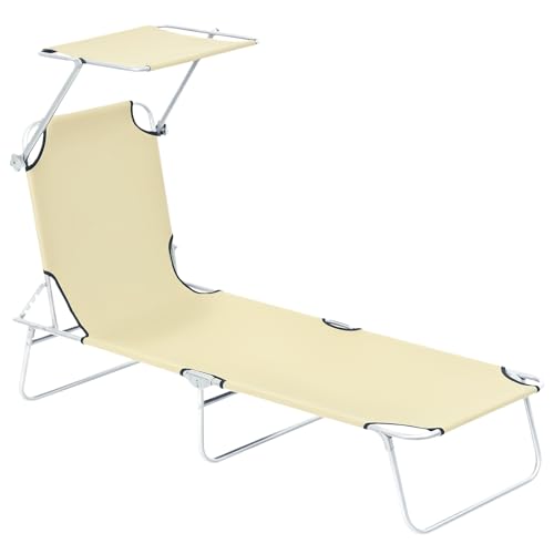 Outsunny Transat Bain de Soleil Pliable Chaise Longue Pliante Grand Confort Dossier Inclinable Multi-Positions et Pare-Soleil réglable Dim. 187L x 58l x 36H cm Beige