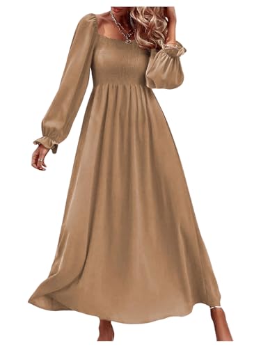 Floerns Women's Boho Square Neck Smocked Long Puff Sleeve A Line Maxi Dress