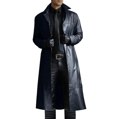 Mens Leather Trench Coat Full Length Vintage Classic Faux Leather Long Leather Jacket Winter Overcoat Black Cover